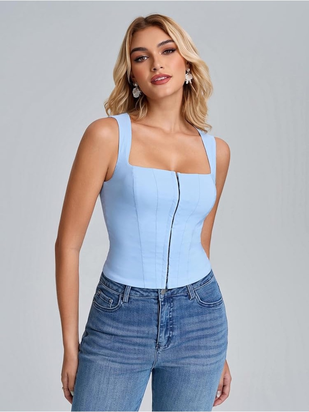 Square Neck Baby Blue Zip-Front Corset Camisole